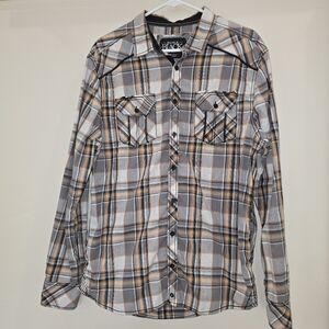 Buckle Black Shirt Men's Large Gray Orange Plaid Athletic Fit Button Up Pockets